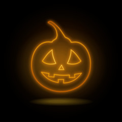 Neon pumpkin on black background. Halloween decoration.