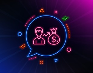 Businessman earnings line icon. Neon laser lights. Dollar money bag sign. Glow laser speech bubble. Neon lights chat bubble. Banner badge with sallary icon. Vector