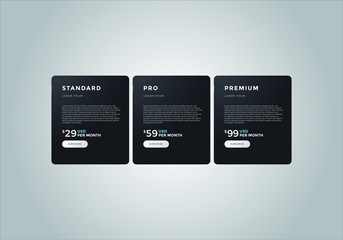 Obraz premium Pricing table vector. order, box, button, list for web. price list. mobile.