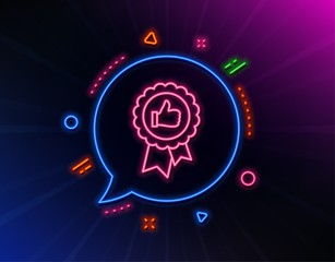 Positive feedback line icon. Neon laser lights. Award medal symbol. Reward sign. Glow laser speech bubble. Neon lights chat bubble. Banner badge with positive feedback icon. Vector