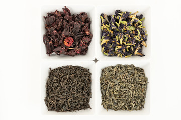 Dry tea black, green, hibiscus, blue tea. Top view