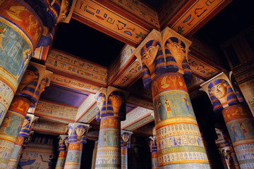 Ancient egypt scene. Hieroglyphic carvings on the exterior walls of an ancient egyptian temple.