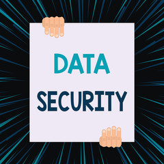 Handwriting text writing Data Security. Conceptual photo Confidentiality Disk Encryption Backups Password Shielding Two hands holding big blank rectangle up down Geometrical background design