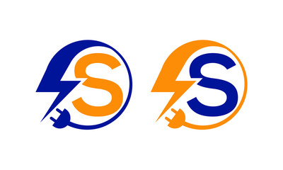 Energetic Letter S Logo with Electrical Bolt, Plug in Blue and Orange Colors