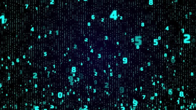 Digital Number Technology 4K Motion Computing Running Developer Program Code Motion Background. 3D Graphic Binary Encoding Decimal Statistics Algorithm Row Matrix Concept Display.