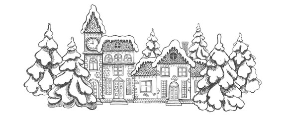 Illustration of houses. Christmas Greeting card. Set of hand drawn buildings.