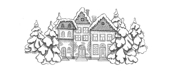 Illustration of houses. Christmas Greeting card. Set of hand drawn buildings.