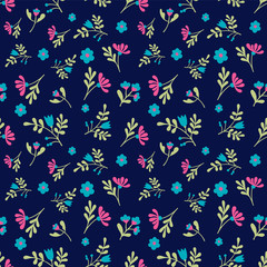 Vector floral pattern in doodle style with flowers and leaves.