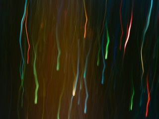 Neon multicolor glowing lines. Blur falling firework sparks. Dark abstract art background.