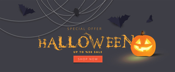 Happy Halloween calligraphy with spiders, bats and pumpkins. banners party invitation.Vector illustration.