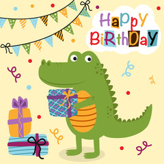 Happy Birthday poster with crocodile - vector illustration, eps
