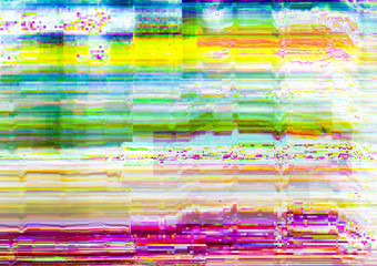 Distorted display. Glitch error. Multicolor pixel noise pattern overlay.