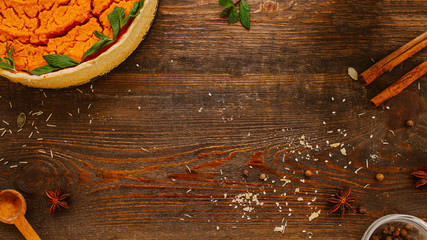 Autumn bakery. Pumpkin pie recipe. Homemade tart. Organic food ingredients.