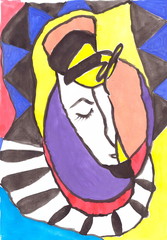 Drawing with watercolors: Abstraction. A woman is a clown.