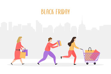 People are running with shopping bags and a shopping cart with purchases. Black Friday sale illustration with men and women are buying up discounts at store and shop. Flat design. Vector.