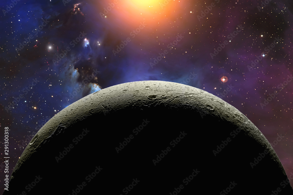 Poster Rocky moon in outer space with star field and nebula