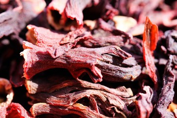 Fototapeta na wymiar Macro close up of pile with red dried hibiscus flower blossoms in bright natural light