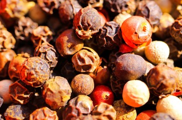 Macro close up of isolated pile with mixed peppercorns