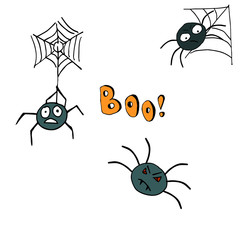 Halloween characters of spiders and text Boo! for celebration, cards template and halloween party decoration.