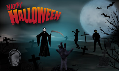 Grim reaper in graveyard standing on night full moon and Zombie in cemetery. Zombie hand rising from the grave. Halloween horizontal background. Vector