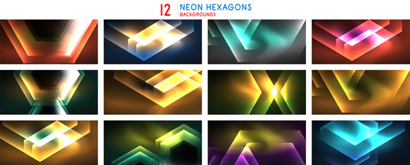 Set of shiny neon color hexagon composition abstract backgrounds.