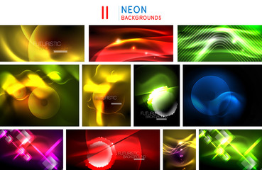 Set of shiny glowing backgrounds, neon graphic futuristic energy concepts, fluid color waves