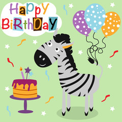 Happy Birthday poster with zebra - vector illustration, eps