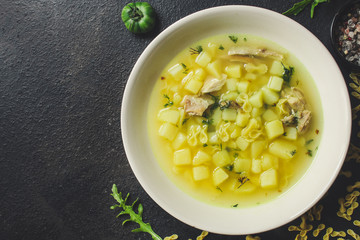 soup Farfalle pasta with vegetables (delicious main course, healthy food) menu concept. food background. copy space. Top view