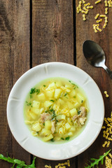 soup Farfalle pasta with vegetables (delicious main course, healthy food) menu concept. food background. copy space. Top view