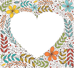 Floral border in the shape of heart, banner with leaf and flowers. Hand draw botanic vector stock illustration, EPS 10.