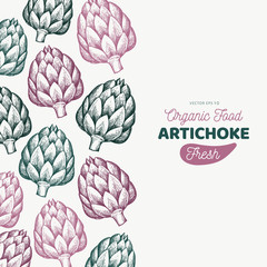 Artichoke vegetable design template. Hand drawn vector food illustration. Engraved style vegetable frame. Retro botanical banner.