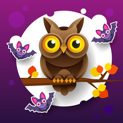 Abstract Halloween Owl For Holiday Design. Vector Illustration Of Nature. Halloween Holiday Greeting Card. Cartoon Character.