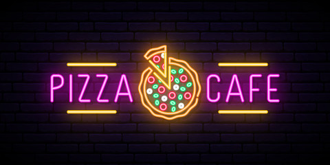 Neon pizza cafe emblem. Logo for pizza restaurant. Pizzeria bright signboard. Vector illustration.