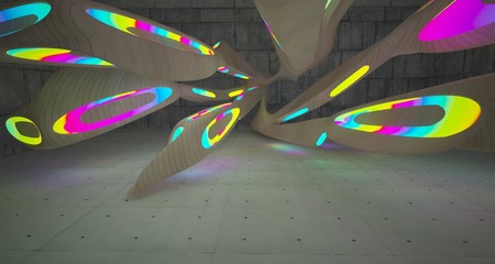 Abstract architectural concrete and wood smooth interior of a minimalist house with color gradient neon lighting. 3D illustration and rendering.