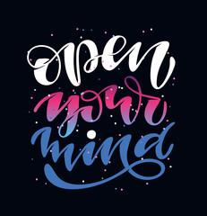 Fototapeta na wymiar Open your Mind - cute motivation template lettering postcard poster banner art