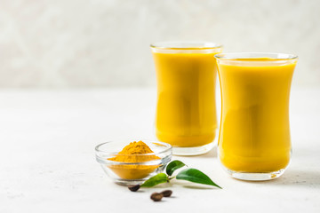Turmeric hot drink. Selective focus, copy space.