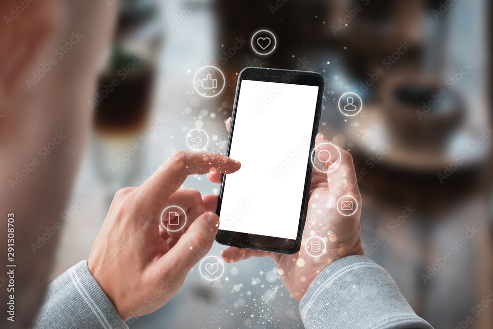 Poster phone mockup surrounded with social network icons. isolated screen for app design promotion.