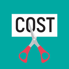 Hand scissors cutting word COST. Sale concept. Vector Illustration
