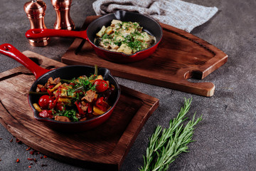 Cooking Stew meat in Burgundy in cast iron frying pan with carrots, onions. Spices for Beef...