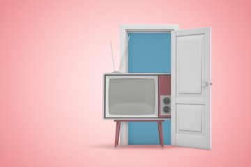 3d rendering of retro TV set standing in open doorway on pink gradient copyspace background.