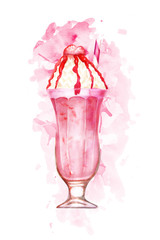 Watercolour strawberry milkshake hand drawn illustration on pink paint splashes