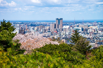 桜が咲く春の卯辰山・望湖台から金沢駅方面の眺望