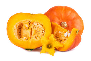 Hokkaido pumpkins whole halved and quarter slice on white background