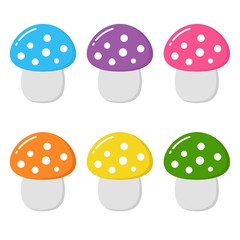 Set with mushrooms isolated on white. Flat style nature, colorful collection. Kawaii autumn illustration in vector.