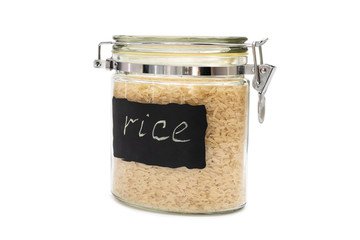 Reusable jar for preserving with rice, flip-top or bail closure, isolated on white