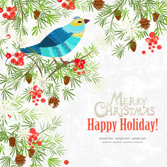 winter invitation card with fancy bird. Merry christmas