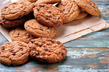 Tasty cookies on a wooden table.