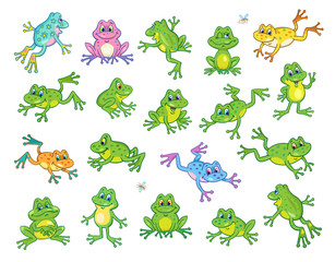 A large set of funny frogs in various colors and poses. In cartoon style. Isolated on a white background. - obrazy, fototapety, plakaty