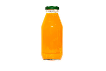 Orange juice in glass bottle Isolated on a white background.