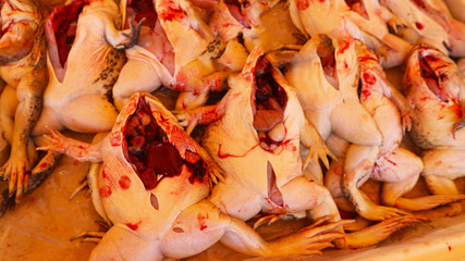 Dissected frogs are for sale at the rural markets in Thailand.